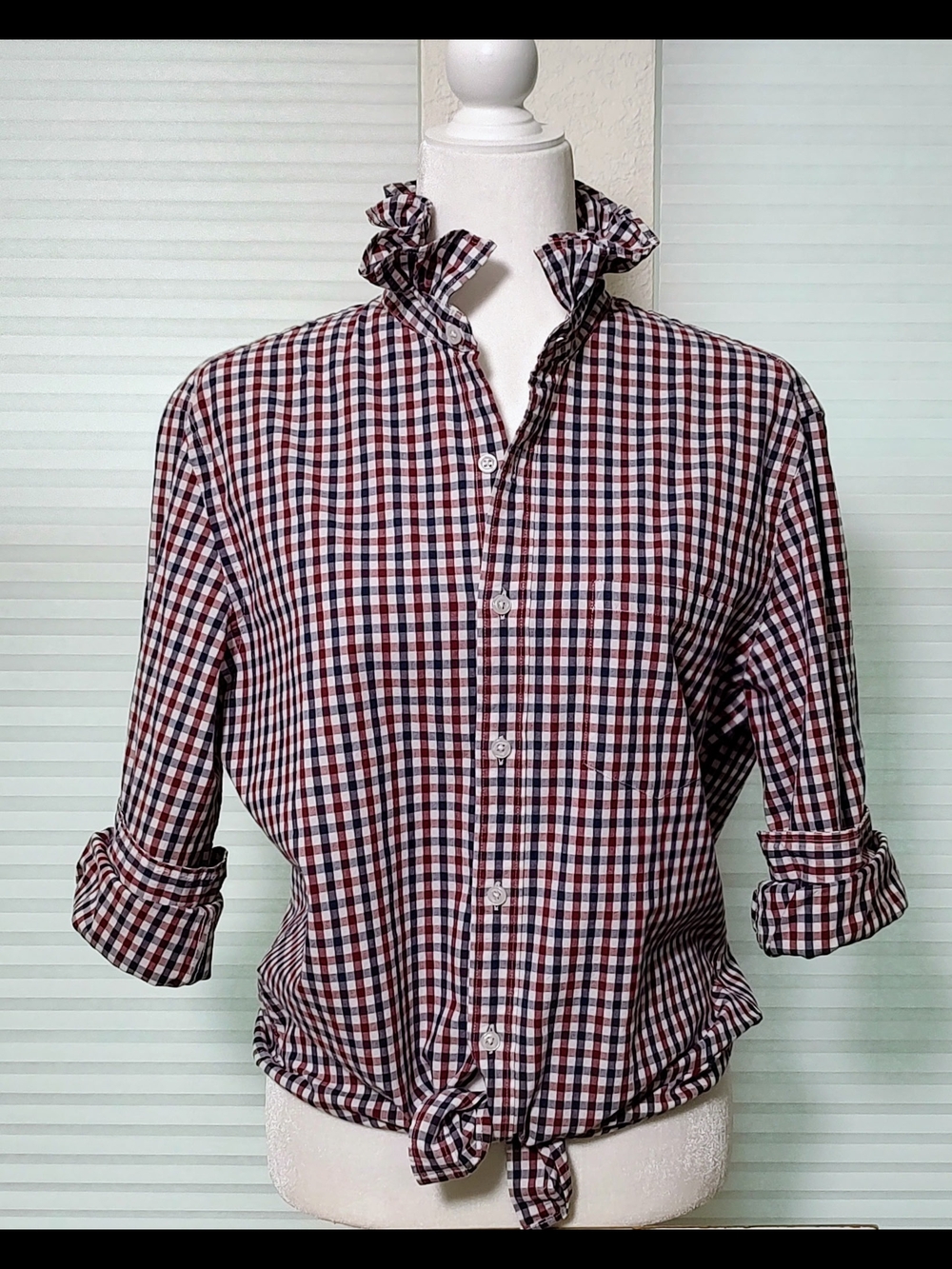 Women's Red, White, & Blue Gingham Ruffle-Collar Shirt
